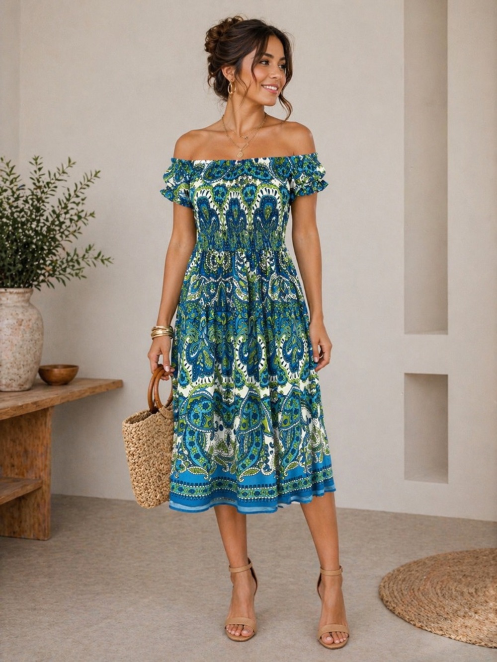 Blue Green Paisley Off Shoulder Midi Dress Boho Summer Vacation